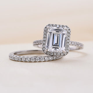 4.00CT Emerald Cut Halo Pave Engagement Ring Set