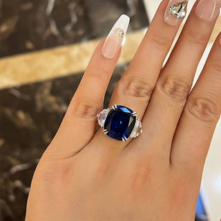 3.00CT Blue Cushion Cut Diamond Three Stone Engagement Ring