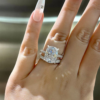 6.00CT Elongated Cushion Cut Diamond Hidden Halo Three Side Pave Bridal Ring Set