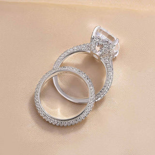 6.00CT Elongated Cushion Cut Diamond Hidden Halo Three Side Pave Bridal Ring Set