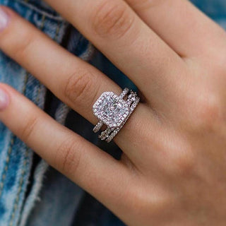 4.00CT Radiant Cut Diamond Halo Pave Engagement Ring Set