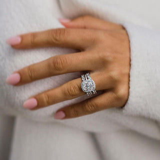 4.00CT Elongated Cushion Cut Halo Pave Engagement Ring Set