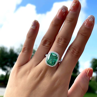 4.50Ct Green Elongated Cushion Cut Hidden Halo Three Side Pave Engagement Ring
