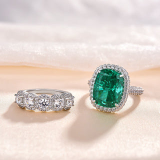 5.00CT Elongated Green Cushion Cut Diamond Hidden Halo Three Side Pave Bridal Ring Set