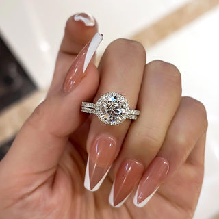 3.00CT Round Cut Diamond Halo Pave Engagement Ring Set
