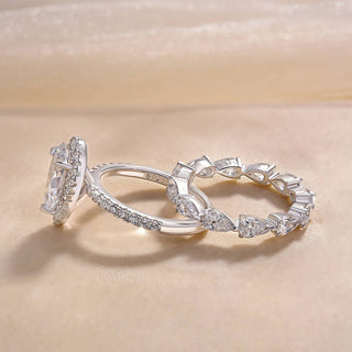 3.00CT Pear Cut Diamond Halo Pave Engagement Ring Set