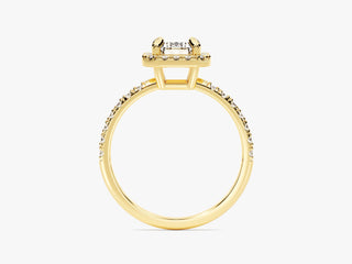 Pave-set diamond halo engagement ring featuring 1.00CT emerald Moissanite stone