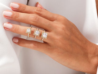 Princess cut moissanite engagement ring with halo and pave setting