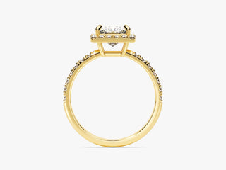 Princess-cut moissanite engagement ring with halo pavé diamonds and elegant band.