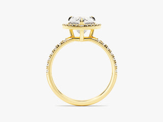 Romantic Moissanite ring featuring a heart center stone surrounded by delicate halo