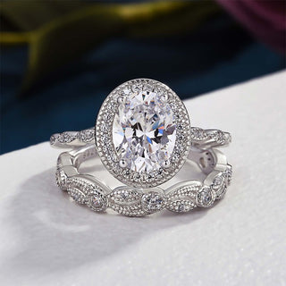 4.00CT Oval Cut Diamond Halo Antique Pave Proposal Ring Set