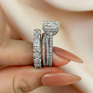 4.5CT Cushion Moissanite Diamond Hidden Halo Pave Bridal Engagement Ring Set