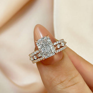 3.5CT Radiant Moissanite Diamond Hidden Halo Pave Bridal Engagement Ring Set