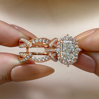 3.0CT Radiant Moissanite Diamond Halo Pave Antique Bridal Engagement Ring Set