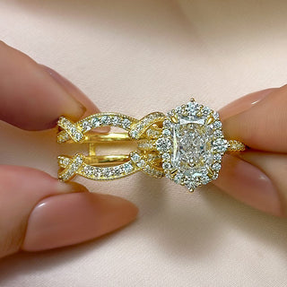 3.0CT Radiant Moissanite Diamond Halo Pave Antique Bridal Engagement Ring Set