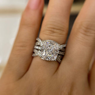 4.5CT Cushion Moissanite Diamond Hidden Halo Pave Bridal Engagement Ring Set