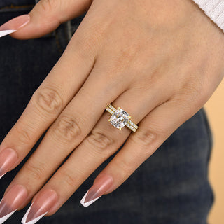 3.00CT Cushion Cut Diamond Hidden Halo Pave Engagement Ring Set