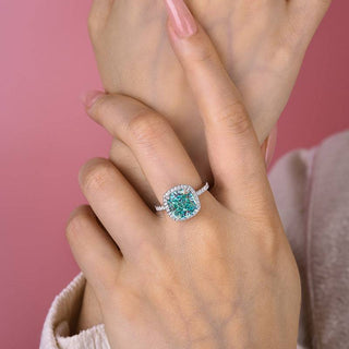 5.00CT Green Cushion Cut Halo Pave Engagement Ring
