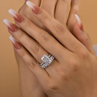 8.00CT Elongated Radiant Cut Diamond Hidden Halo Three Side Engagement Ring Set