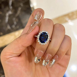 4.00CT Blue Oval Cut Diamond Halo Engagement Ring