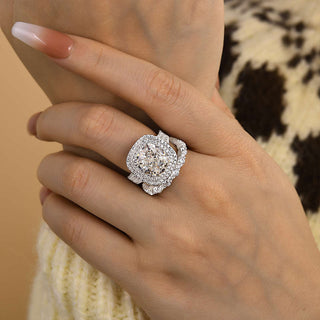 4.00CT Cushion Cut Diamond Double Halo Pave Engagement Ring Set