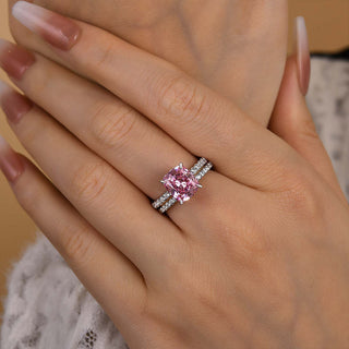 5.00CT Light Pink Cushion Cut Diamond Pave Engagement Ring Set