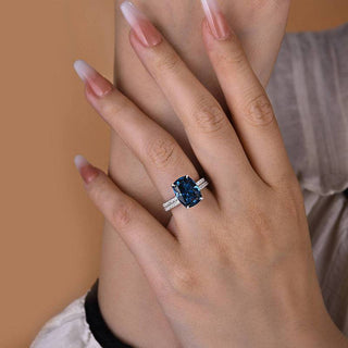 3.00CT Blue Elongated Cushion Cut Hidden Halo Pave Engagement Ring Set