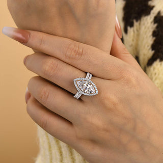 7.00CT Marquise Cut Diamond Halo Pave Engagement Ring Set