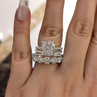 3.00CT Cushion Cut Diamond Hidden Halo Pave Egagement Ring Set
