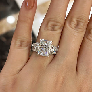 7.00CT Radiant Cut Diamond Three Stone Pave Engagement Ring Set