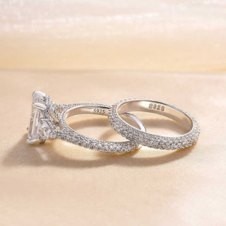 7.00CT Radiant Cut Diamond Three Stone Pave Engagement Ring Set