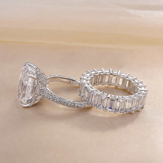 5.00CT Elongated Cushion Cut Diamond Hidden Halo Three Side Pave Engagement Ring Set