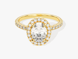 Dazzling oval moissanite engagement ring with halo of pavé-set diamonds and classic style