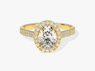 Elegant moissanite diamond ring featuring halo setting and modern twisted band