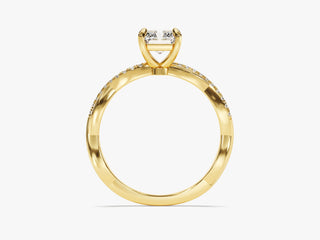 Elegant twisted band engagement ring featuring radiant-cut moissanite and pavé accents
