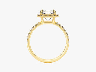 Modern and luxurious Asscher-cut Moissanite ring with sparkling pave halo