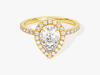 Luxury pear-shaped moissanite halo engagement ring with pavé-set diamonds