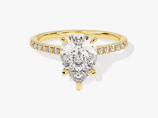 Pear-shaped Moissanite engagement ring with pave diamonds in white gold