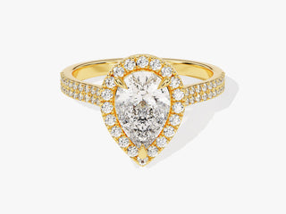 Timeless pear moissanite halo ring with glittering pavé-set double band