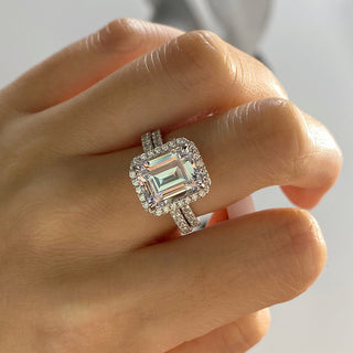 5.00CT Emerald Cut Diamond Halo Pave Engagement Ring Set