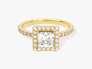 Classic princess-cut moissanite engagement ring with halo of pavé diamonds