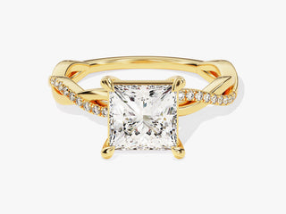 Dynamic twisted Moissanite engagement ring with princess-cut center and delicate pave halo