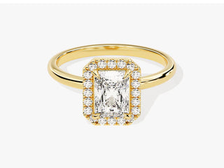 Radiant Moissanite Diamond Halo Engagement Ring with sparkling center stone ,  Elegant Radiant-cut Moissanite halo engagement ring for modern brides.