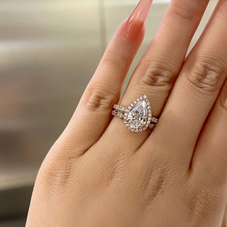 4.00CT Pear Cut Diamond Halo Pave Engagement Ring Set