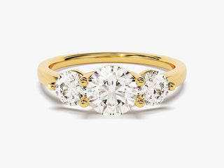 Round Moissanite Diamond Three-Stone Engagement Ring with sparkling center and side stones for timeless elegance