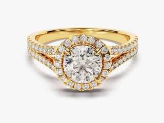 1.0CT Round Moissanite Diamond Halo Split Engagement Ring with sparkling pave diamonds