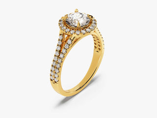 Round Moissanite Diamond Halo Split Engagement Ring with sparkling center stone and halo accents