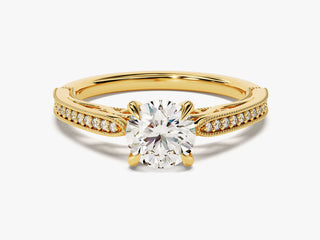 Round Moissanite Diamond Cathedral Pavé Engagement Ring with sparkling pavé accents and elegant cathedral setting, perfect for brides seeking timeless elegance.