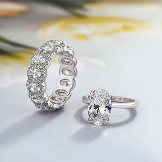 5.00CT Elongated Oval Cut Diamond Hidden Halo Engagement Ring Set