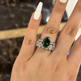 5.00Elongated Green Oval Cut Diamond Hidden Halo Pave Engagement Ring Set